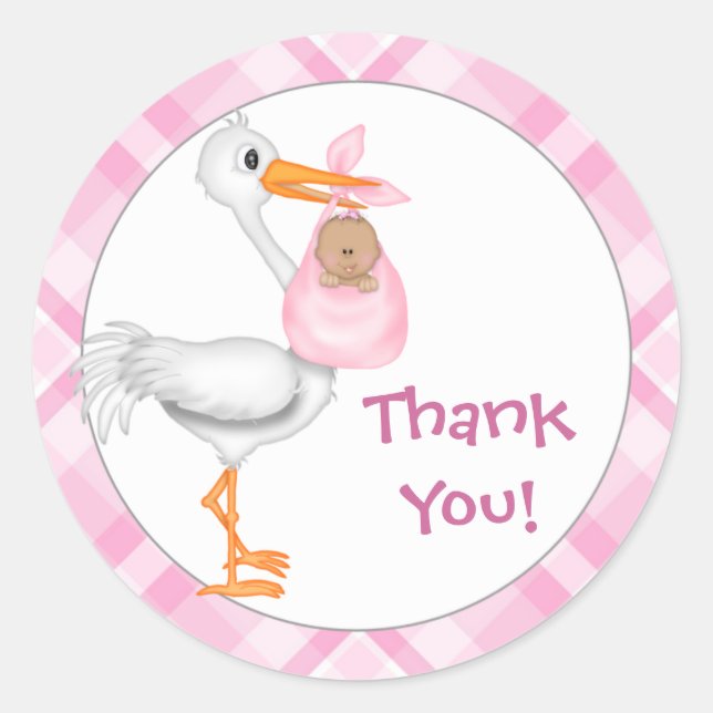 Stork & Baby Girl (darker skin) Thank You Classic Round Sticker (Front)