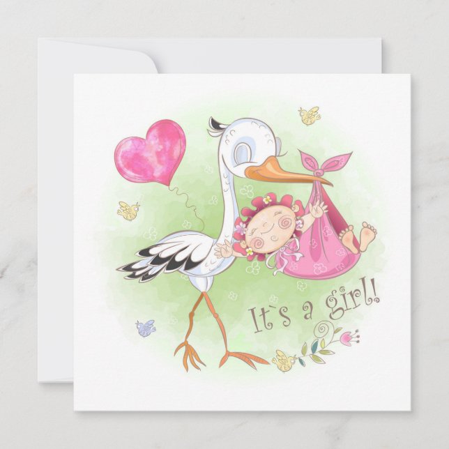 *~* Stork Baby Girl Heart  Flowers Baby Shower Invitation (Front)