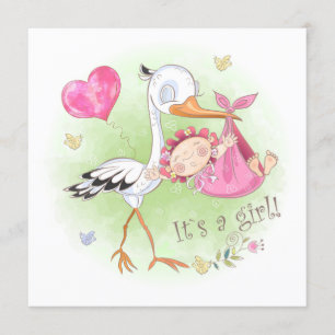 *~* Stork Baby Girl Heart  Flowers Baby Shower Invitation