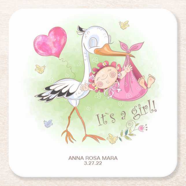 *~* Stork Baby Girl Heart  Flowers Baby Shower Square Paper Coaster (Front)