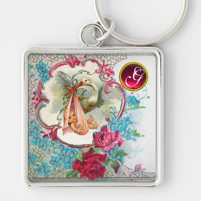 STORK BABY GIRL SHOWER GEM MONOGRAM KEY RING (Front)