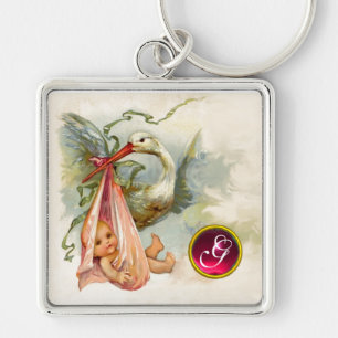 STORK BABY GIRL SHOWER GEM MONOGRAM KEY RING