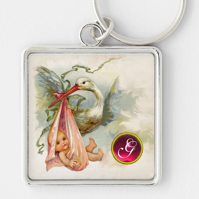 STORK BABY GIRL SHOWER GEM MONOGRAM KEY RING (Front)