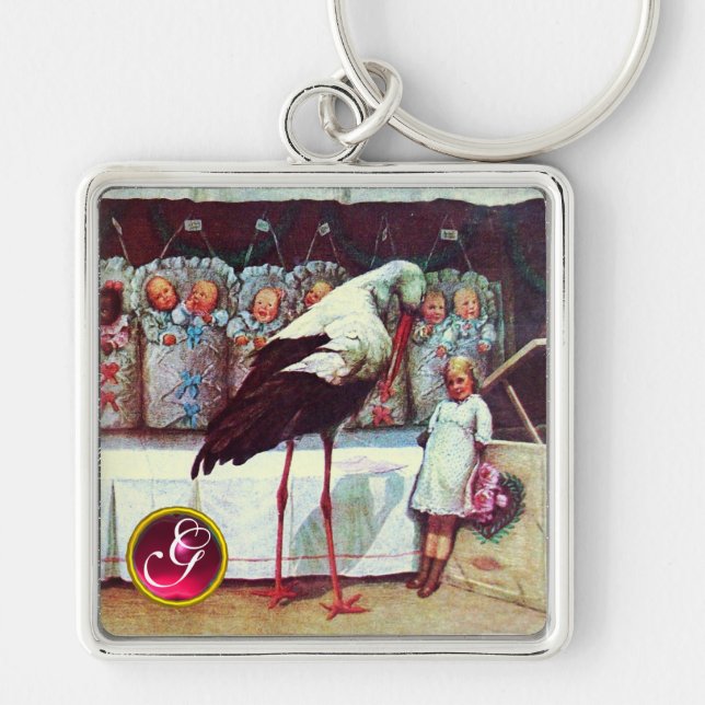 STORK BABY GIRL SHOWER GEM MONOGRAM KEY RING (Front)