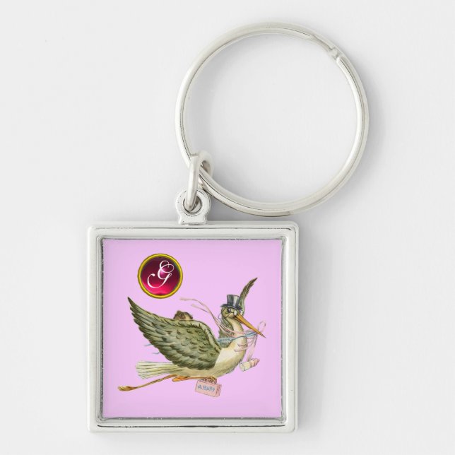 STORK BABY GIRL SHOWER GEM MONOGRAM KEY RING (Front)