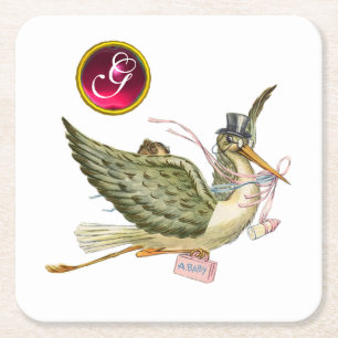STORK BABY GIRL SHOWER GEM MONOGRAM White Square Paper Coaster