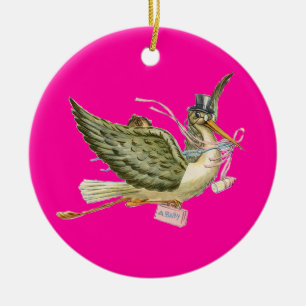 STORK BABY GIRL SHOWER MONOGRAM  Pink Amethyst Ceramic Tree Decoration