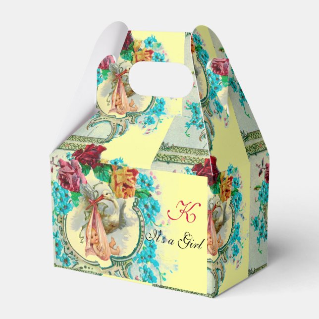 STORK BABY GIRL SHOWER MONOGRAM Yellow Favour Box (Front Side)