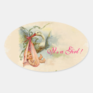 STORK BABY GIRL SHOWER OVAL STICKER