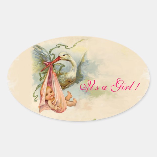 STORK BABY GIRL SHOWER OVAL STICKER (Front)