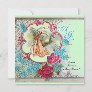STORK BABY GIRL SHOWER PINK BLUE FLORAL MONOGRAM INVITATION