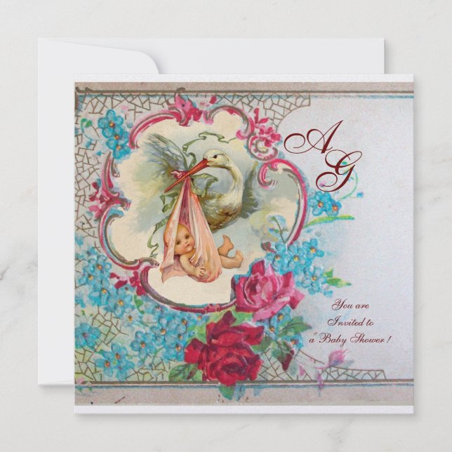 STORK BABY GIRL SHOWER PINK BLUE FLORAL MONOGRAM INVITATION (Front)