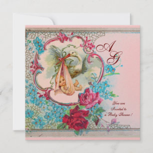 STORK BABY GIRL SHOWER PINK BLUE FLORAL MONOGRAM INVITATION