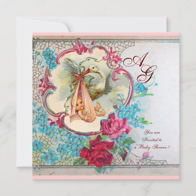 STORK BABY GIRL SHOWER PINK BLUE FLORAL MONOGRAM INVITATION (Front)