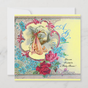 STORK BABY GIRL SHOWER PINK BLUE FLORAL MONOGRAM INVITATION
