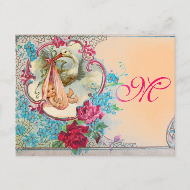 STORK BABY GIRL SHOWER PINK BLUE FLORAL MONOGRAM INVITATION POSTCARD (Front)