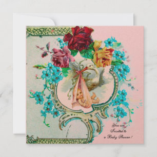STORK BABY GIRL SHOWER /PINK ROSES AND BLUE FLOWE INVITATION