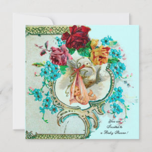 STORK BABY GIRL SHOWER,PINK ROSES AND BLUE FLOWERS INVITATION