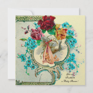 STORK BABY GIRL SHOWER,PINK ROSES AND BLUE FLOWERS INVITATION