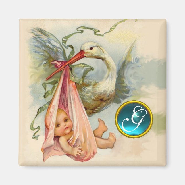 STORK BABY SHOWER 2 MONOGRAM ,turquase Magnet (Front)