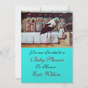 STORK BABY SHOWER 3, blue green gold metallic Invitation