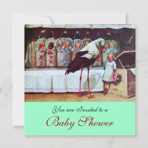 STORK BABY SHOWER 3, blue green Invitation