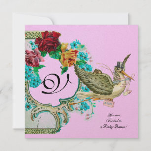 STORK BABY SHOWER 3 MONOGRAM,gold metallic Invitation