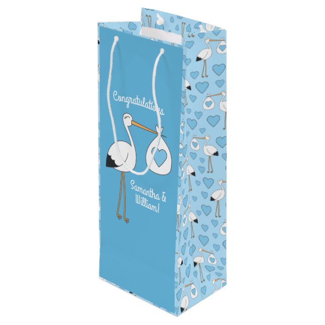 Stork Baby Shower Blue Boy Wine Gift Bag (Back Angled)