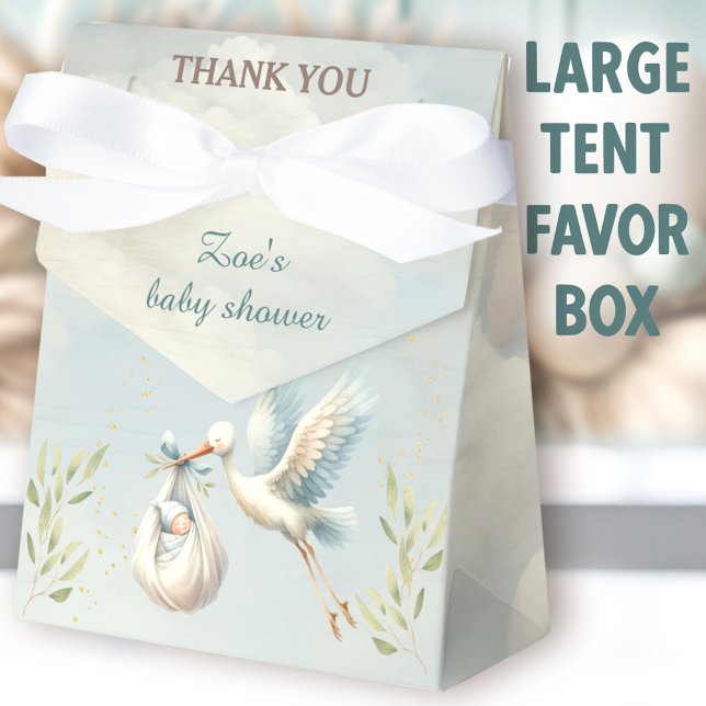 Stork Baby Shower Boy Blue Large Favour Box (Stork Large Tent Favor Boxes - You can choose from 2 sizes of these tent favor boxes.)