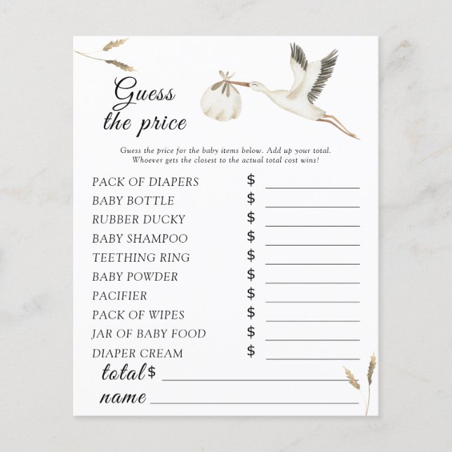 Stork baby shower - Guess the price Game (Front)