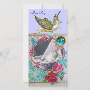 STORK BABY SHOWER MONOGRAM ,aquamarine Announcement