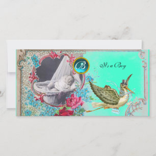 STORK BABY SHOWER MONOGRAM ,aquamarine,white Announcement