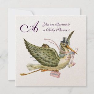 STORK BABY SHOWER MONOGRAM ,gold metallic Invitation