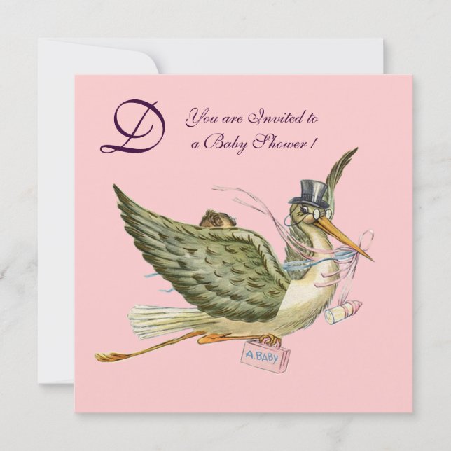 STORK BABY SHOWER MONOGRAM ,gold metallic Invitation (Front)