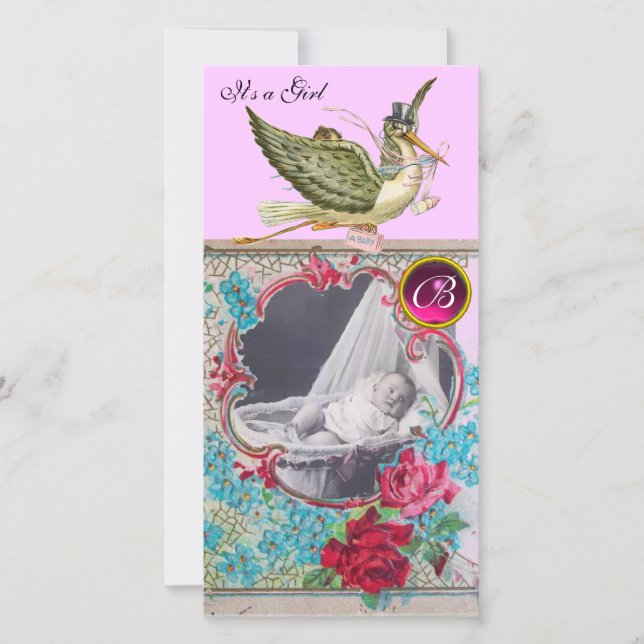 STORK BABY SHOWER MONOGRAM ,ruby Announcement (Front)