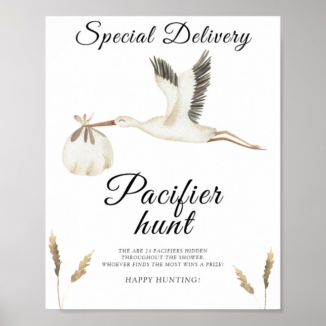 stork baby shower - pacifier hunt game poster (Front)