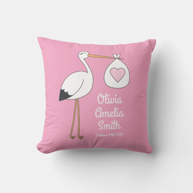Stork Baby Shower Pink Girl Cushion (Front)