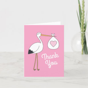 Stork Baby Shower Pink Girl Cute Cartoon Thank You Card