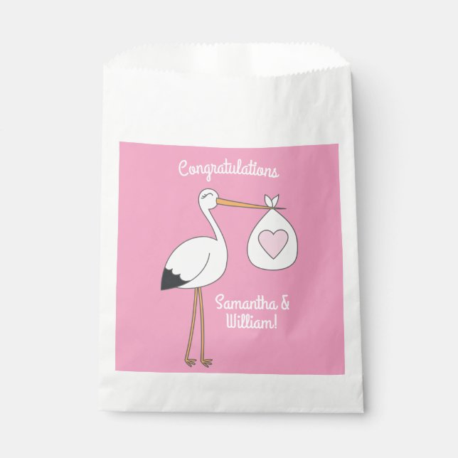 Stork Baby Shower Pink Girl Favour Bag (Front)