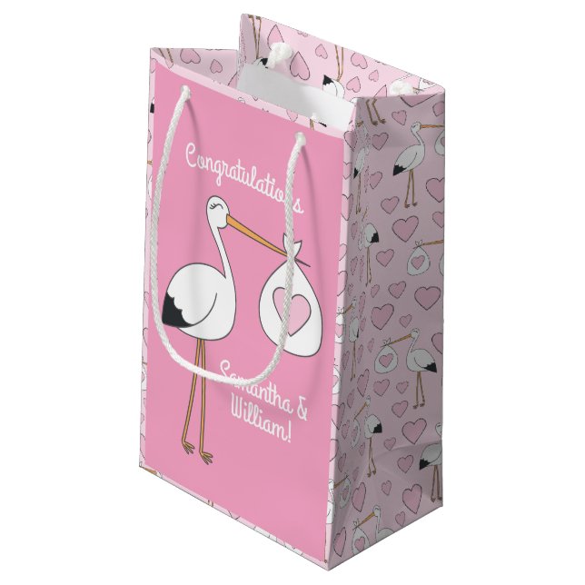 Stork Baby Shower Pink Girl Small Gift Bag (Back Angled)