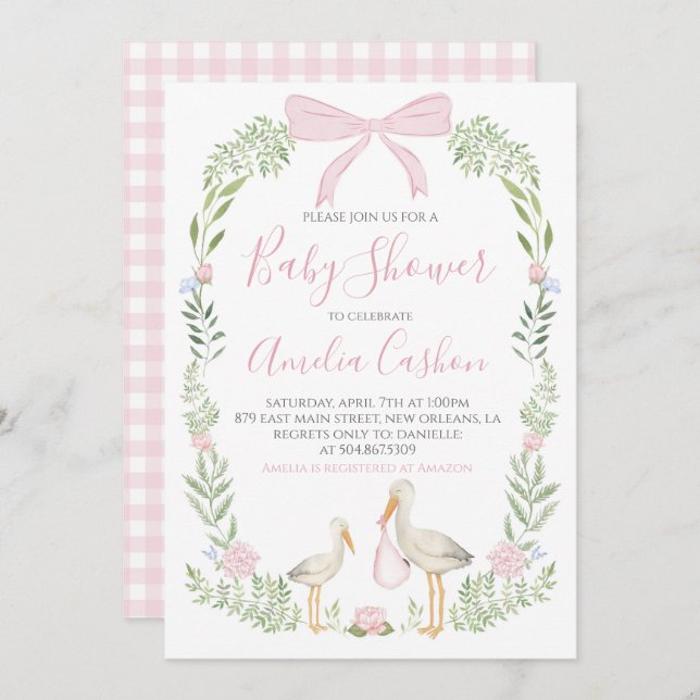 Stork Baby Shower Pink Preppy Southern Girl Invitation (Front/Back)