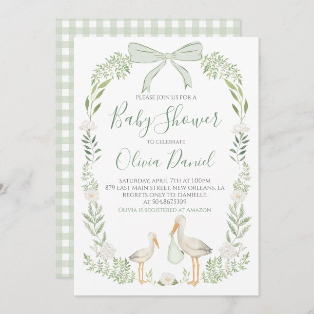 Stork Baby Shower Preppy Coquette Sage Green Invitation (Front/Back)