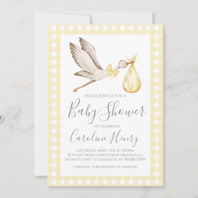 Stork Baby Shower Preppy Gingham Neutral Yellow Invitation (Front)