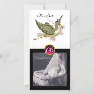 STORK BABY SHOWER SQUARE MONOGRAM ruby white Announcement
