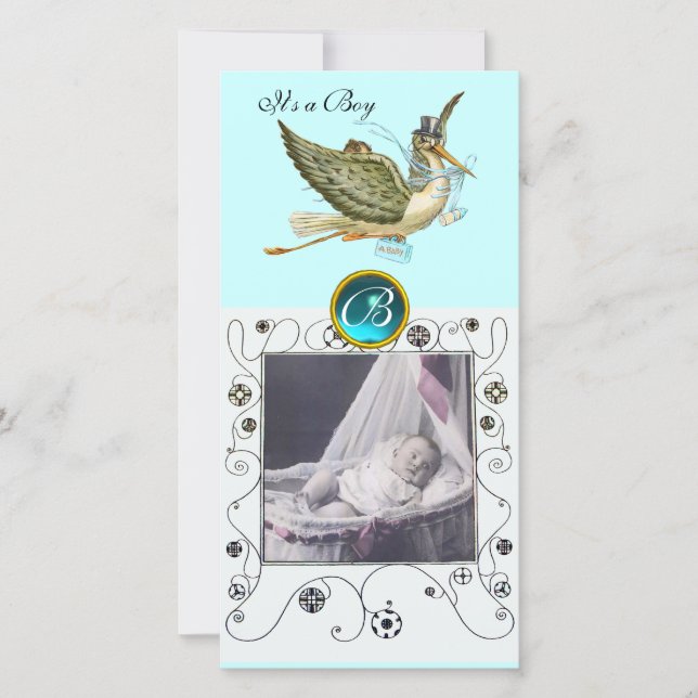 STORK BABY SHOWER SWIRLS MONOGRAM aquamarine Announcement (Front)