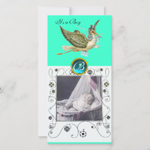 STORK BABY SHOWER SWIRLS MONOGRAM aquamarine Announcement