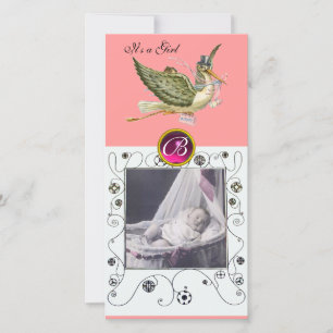 STORK BABY SHOWER SWIRLS MONOGRAM ,ruby white Announcement