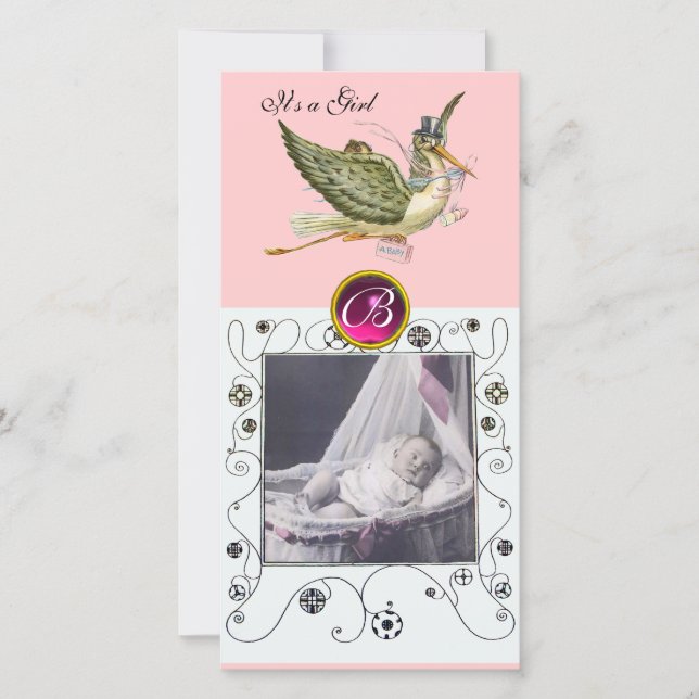 STORK BABY SHOWER SWIRLS MONOGRAM ruby white Announcement (Front)