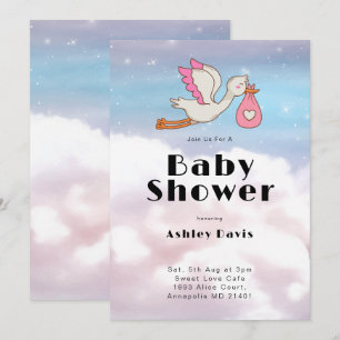 Stork Bird Sky And Cloud Baby Shower Invitation