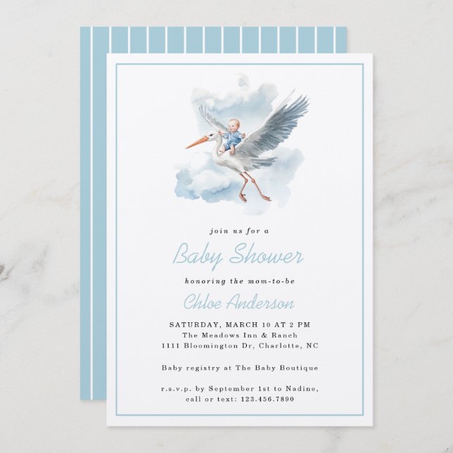 Stork Blue Baby Boy Watercolor Baby Shower Invitation (Front/Back)